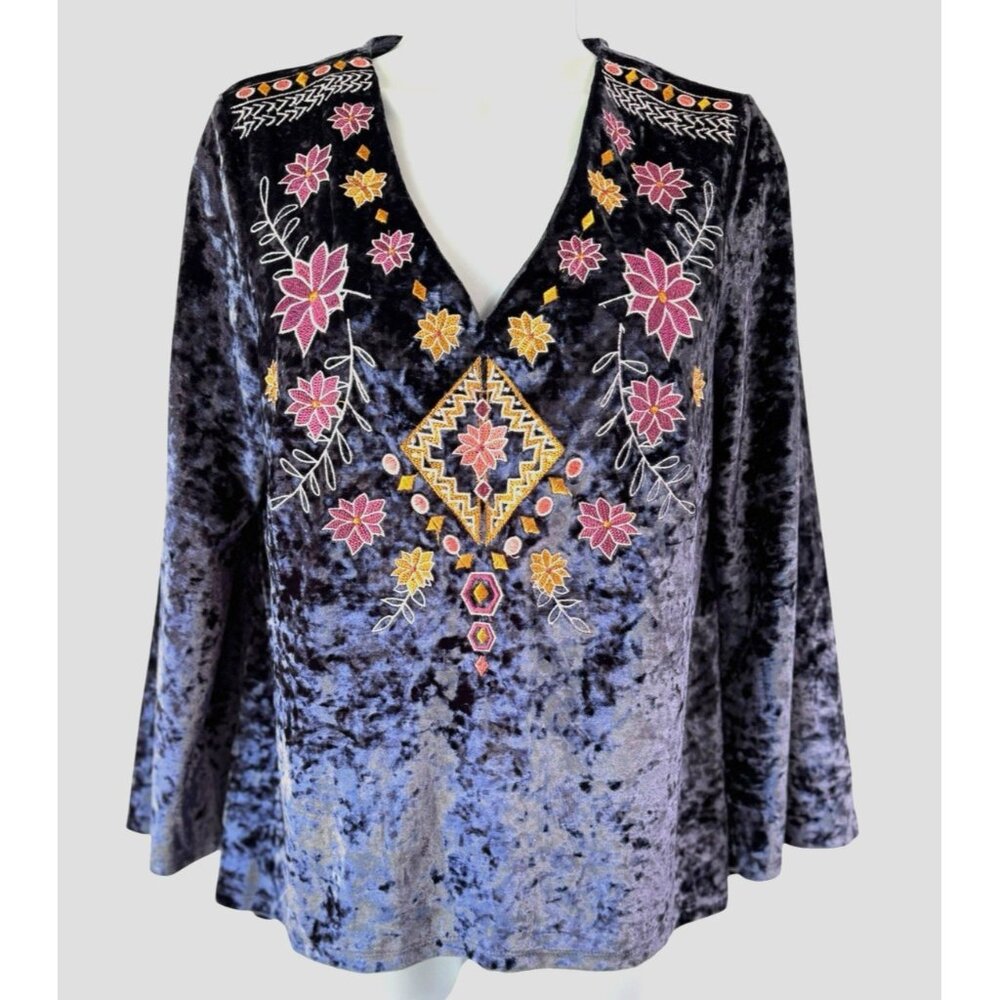 ODDY Crushed Velvet Tunic Top S Embroidered Bell Sleeve Bohemian Fairy